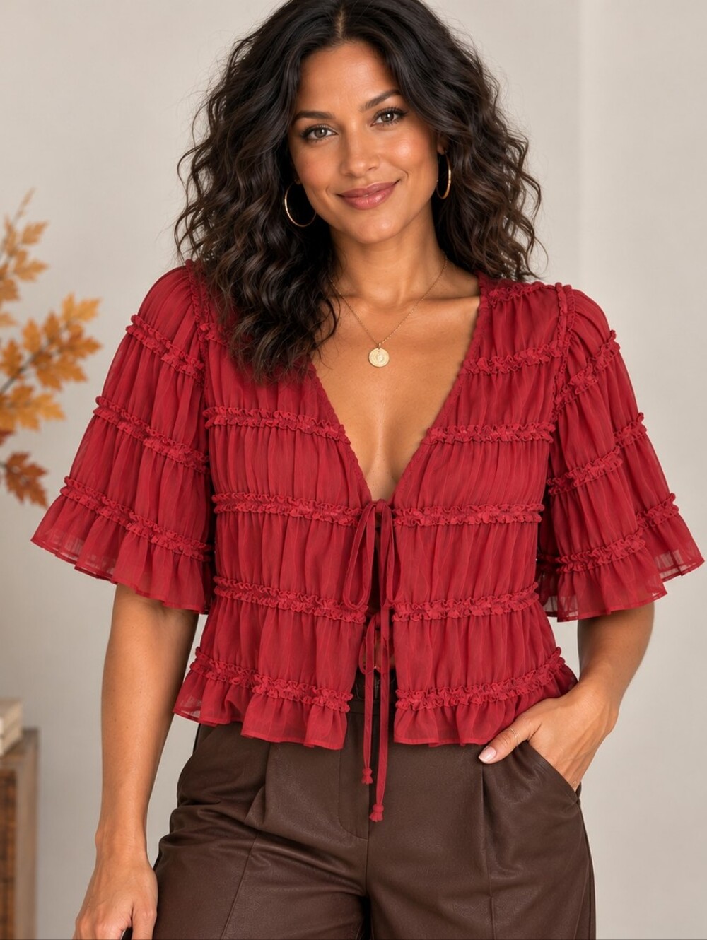 VICI Wine Ruffle Fully Open Tie Front Blouse Medium A344